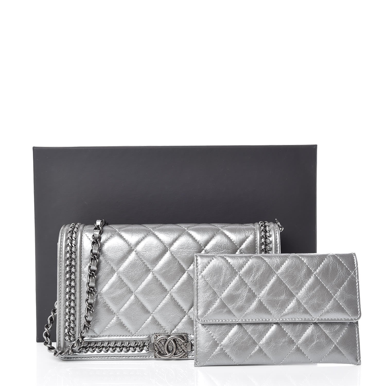 Chanel Metallic Calfskin Quilted Chain Around Boy Wallet On Removable Chain WOC Silver 11 of 11