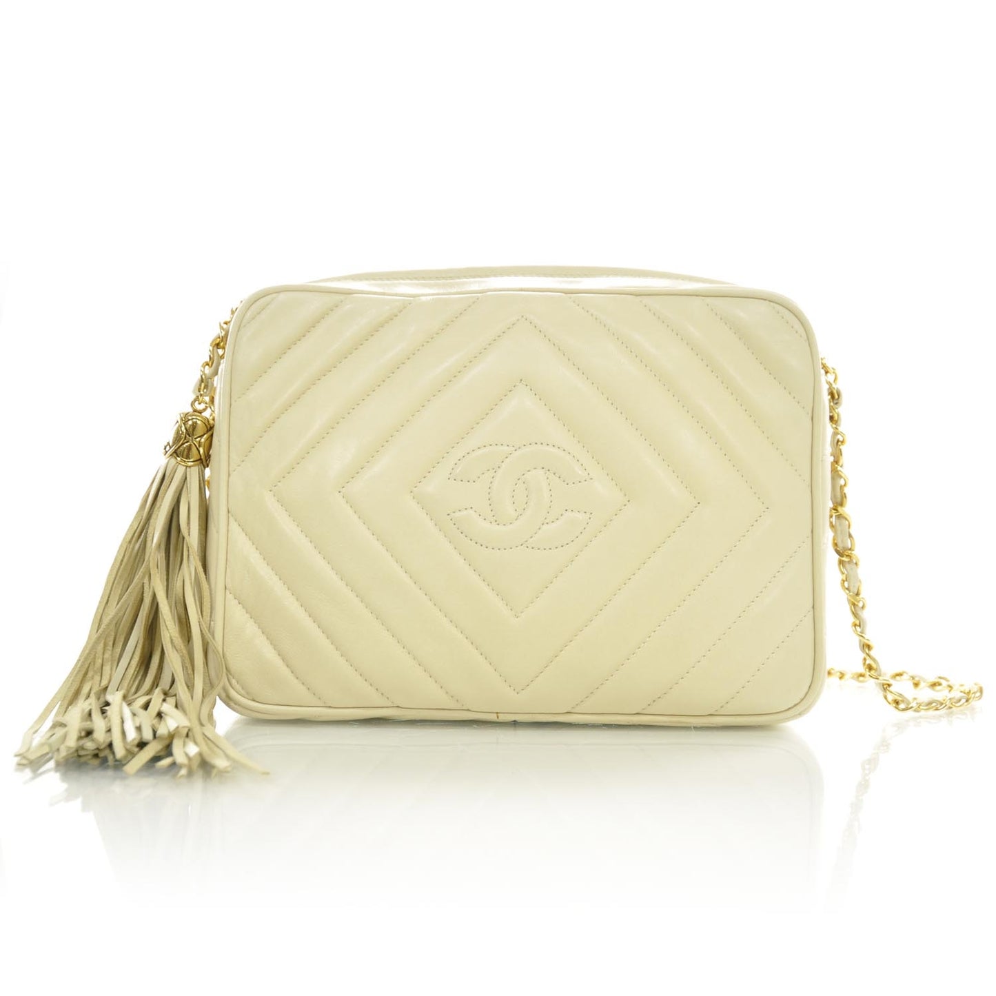 Lambskin Chevron Tassel Camera Case Beige