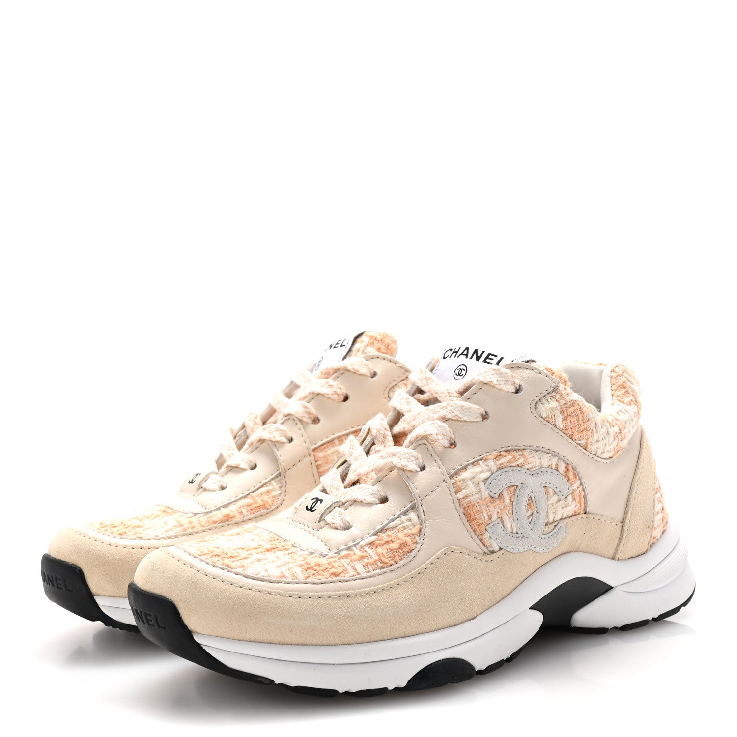 Chanel Tweed Suede Calfskin Womens CC Sneakers 35.5 Orange 1701347