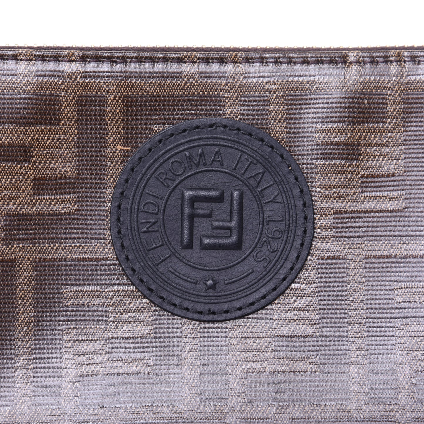 Glazed Fabric Vitello Century FF 1974 Stamp Patch Small FFreedom Flat Pouch Mogano Panna Black