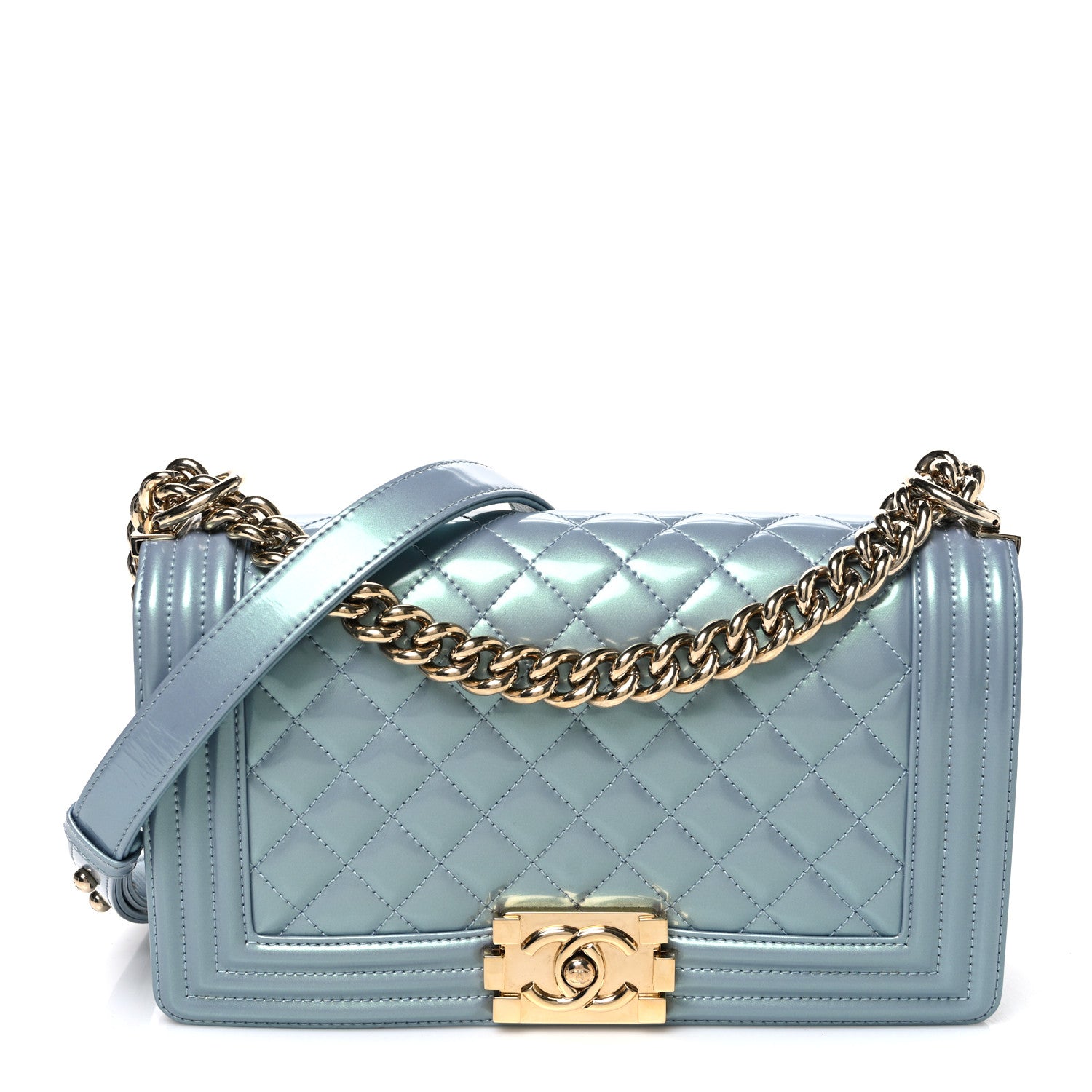 Chanel Iridescent Patent Calfskin Quilted Medium Boy Flap Light Blue 1 of 10