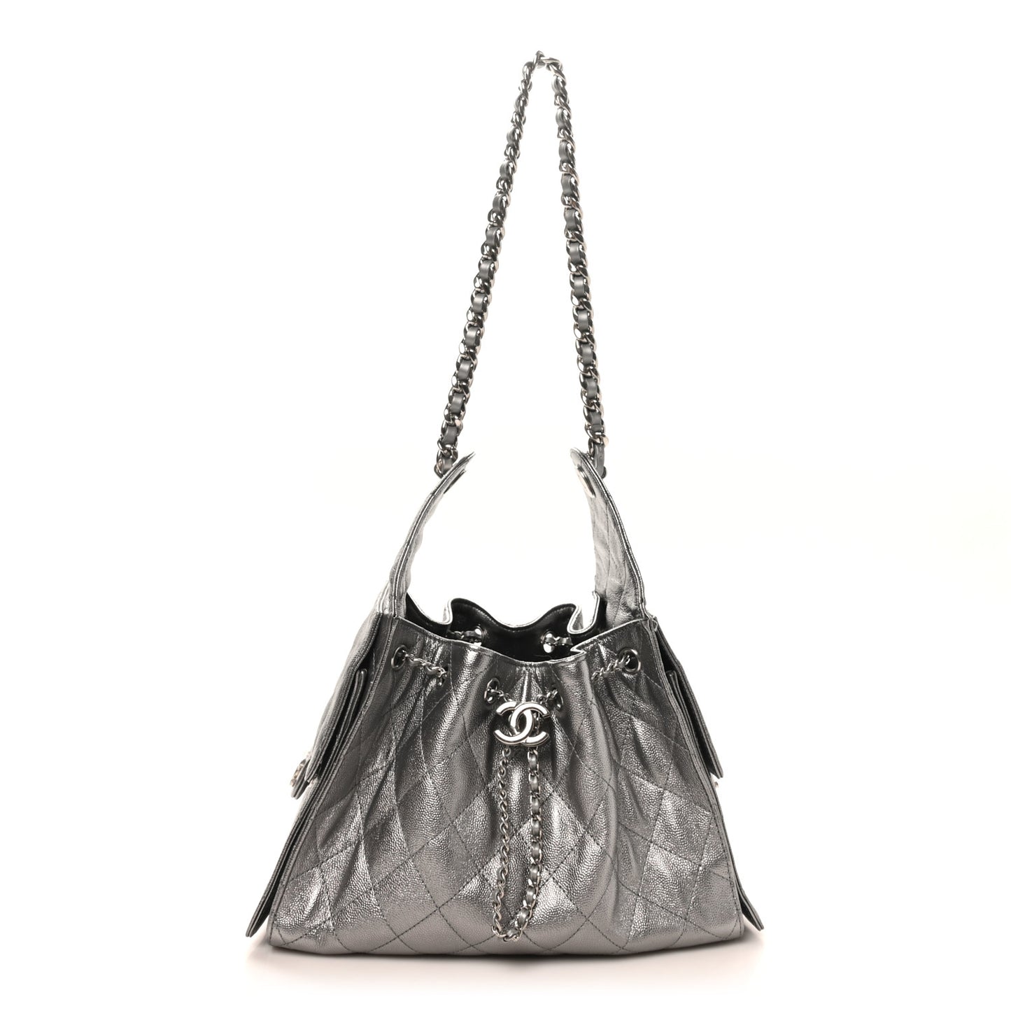 Metallic Caviar Quilted Small Chanel 25 Handbag Silver