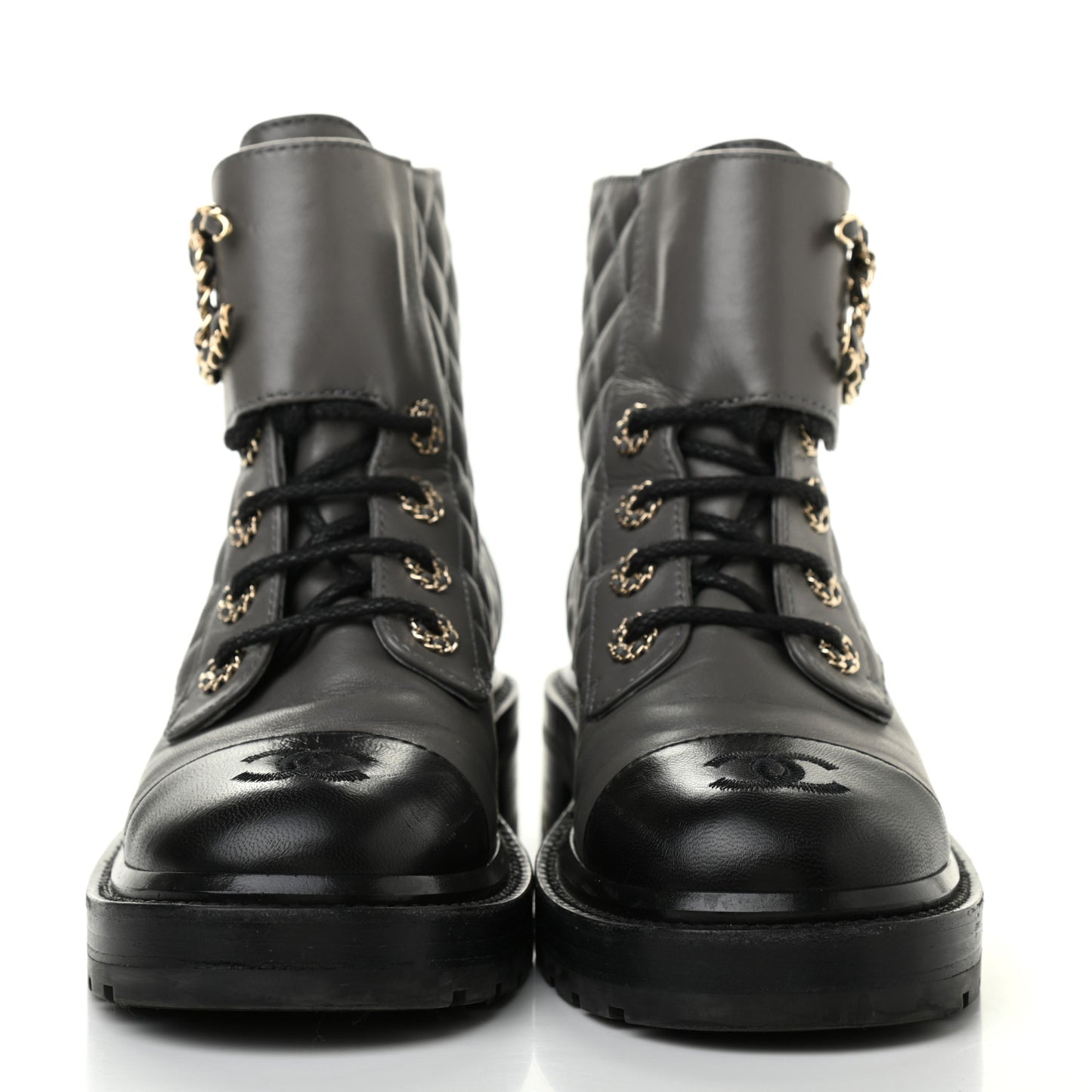 Shiny Lambskin Quilted Lace Up Combat Boots 36 Grey Black