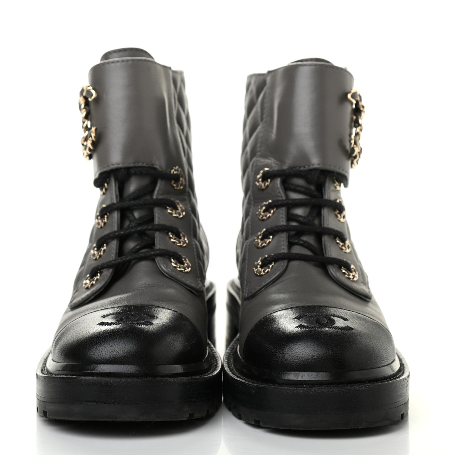 Chanel Shiny Lambskin Quilted Lace Up Combat Boots 36 Grey Black 2 of 13