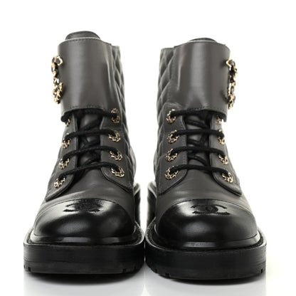 Chanel Shiny Lambskin Quilted Lace Up Combat Boots 36 Grey Black 2 of 13