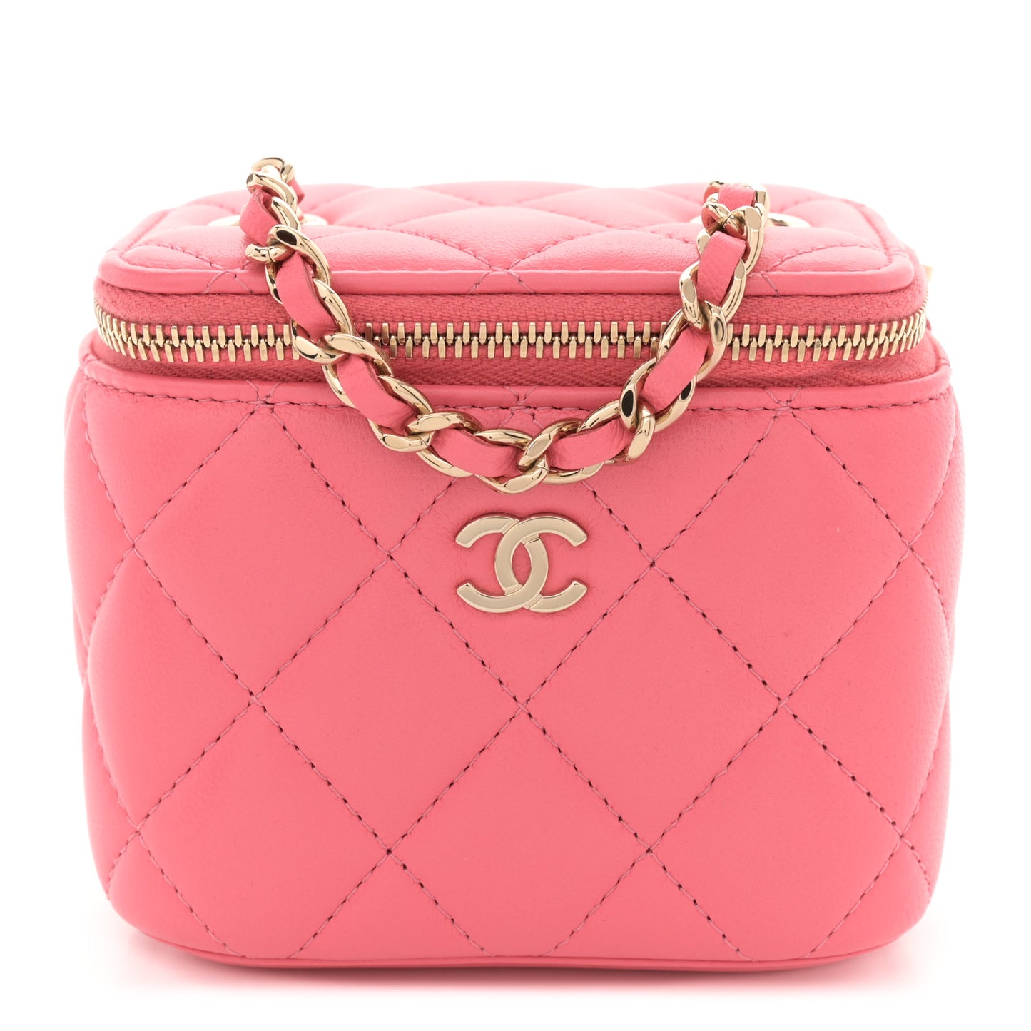 Lambskin Quilted Pearl Crush Mini Vanity Case With Chain Dark Pink