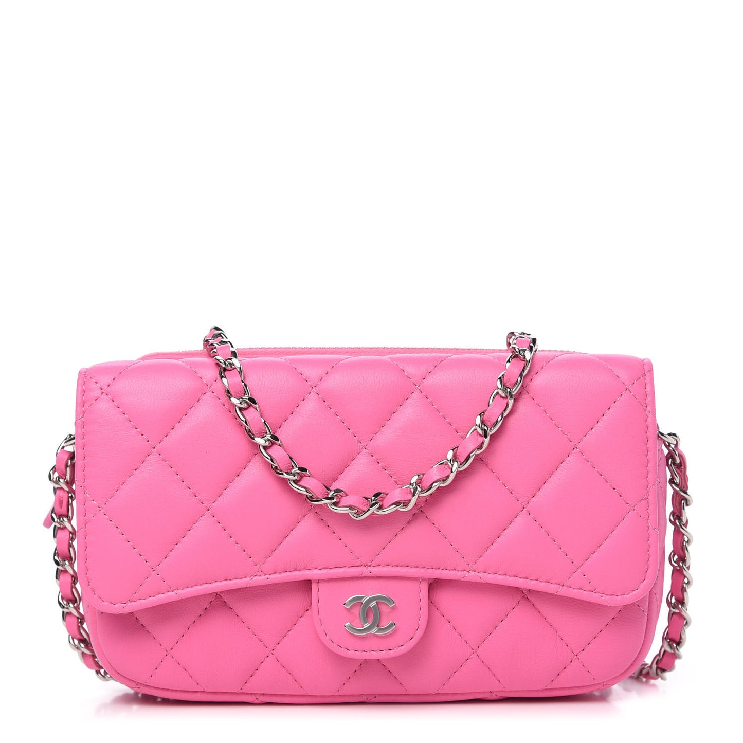 Lambskin Quilted Flap Phone Holder With Chain Neon Pink