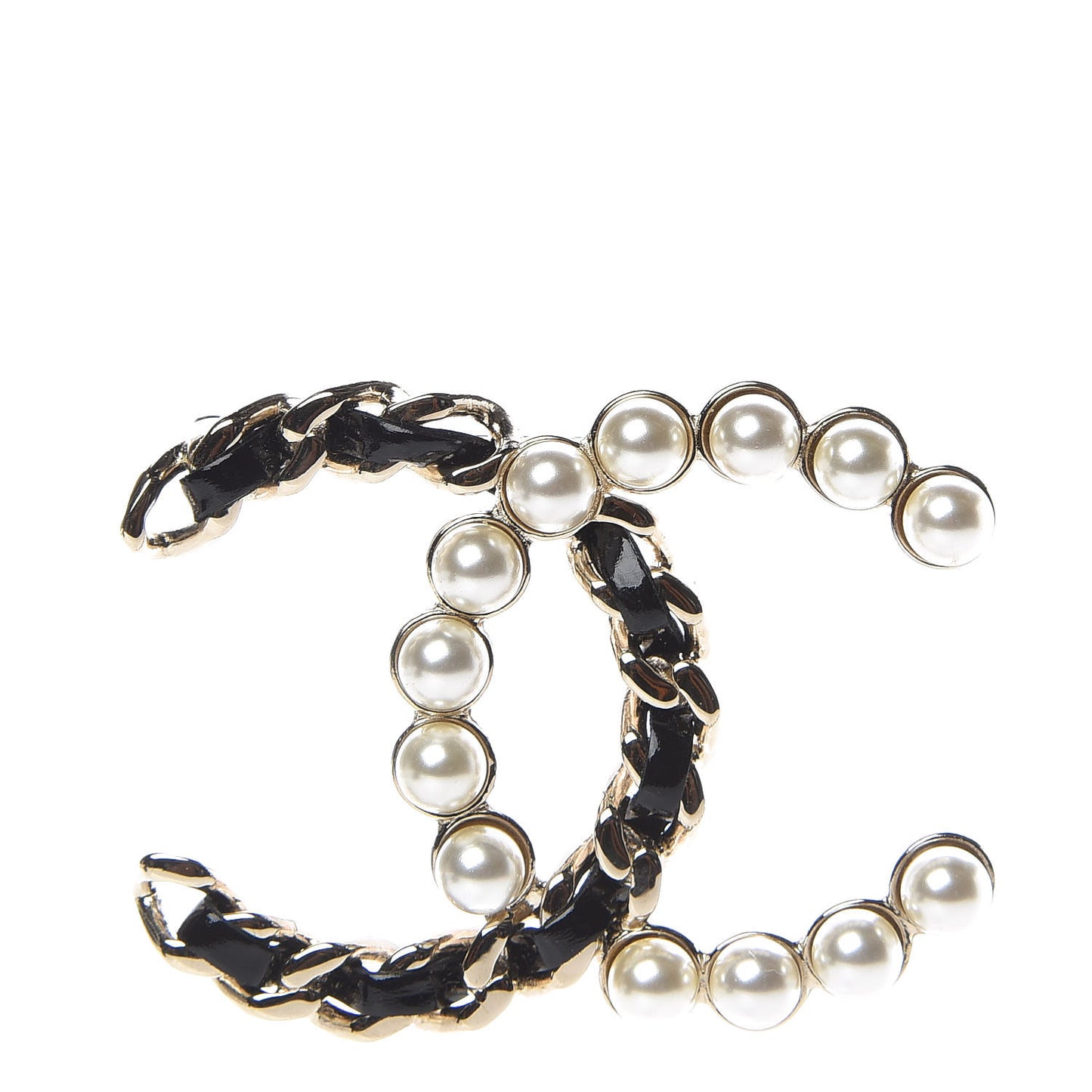 Patent Pearl CC Chain Brooch Black Gold
