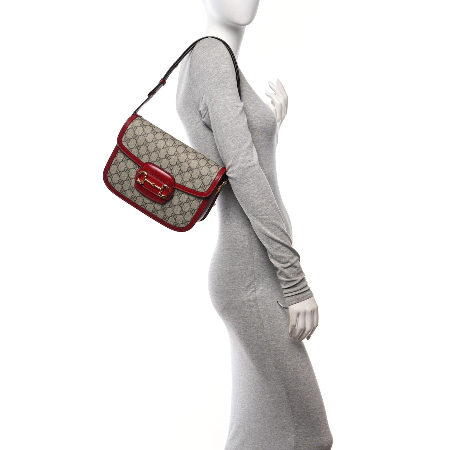 GG Supreme Monogram Azalea Calfskin Horsebit 1955 Shoulder Bag Beige Ebony New Cherry Red