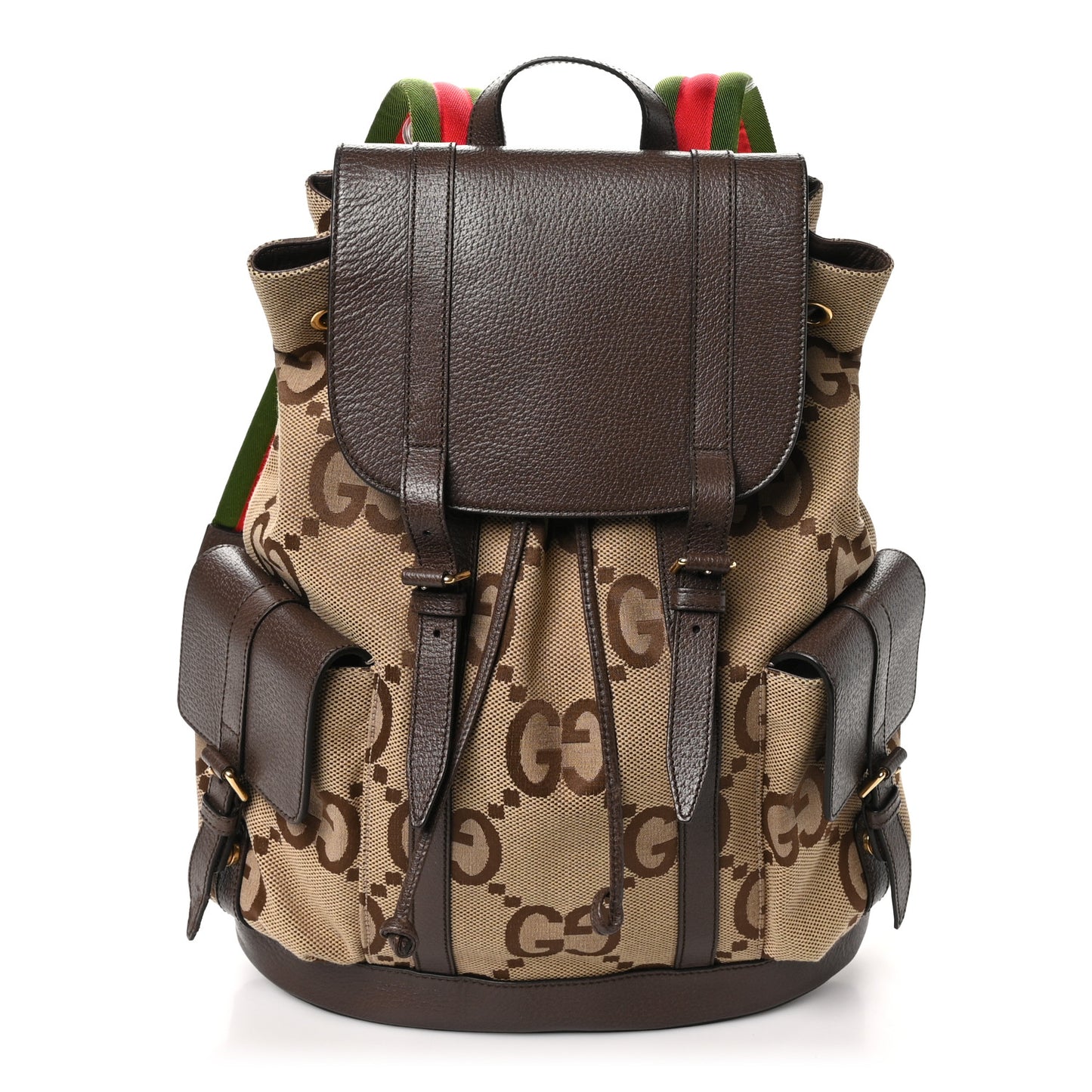 Monogram Jumbo GG Textured Dollar Calfskin Web Double Buckle Backpack Camel Ebony New Acero