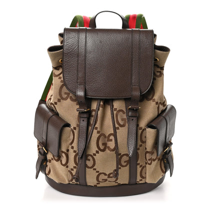 Gucci Monogram Jumbo GG Textured Dollar Calfskin Web Double Buckle Backpack Camel Ebony New Acero 1 of 9