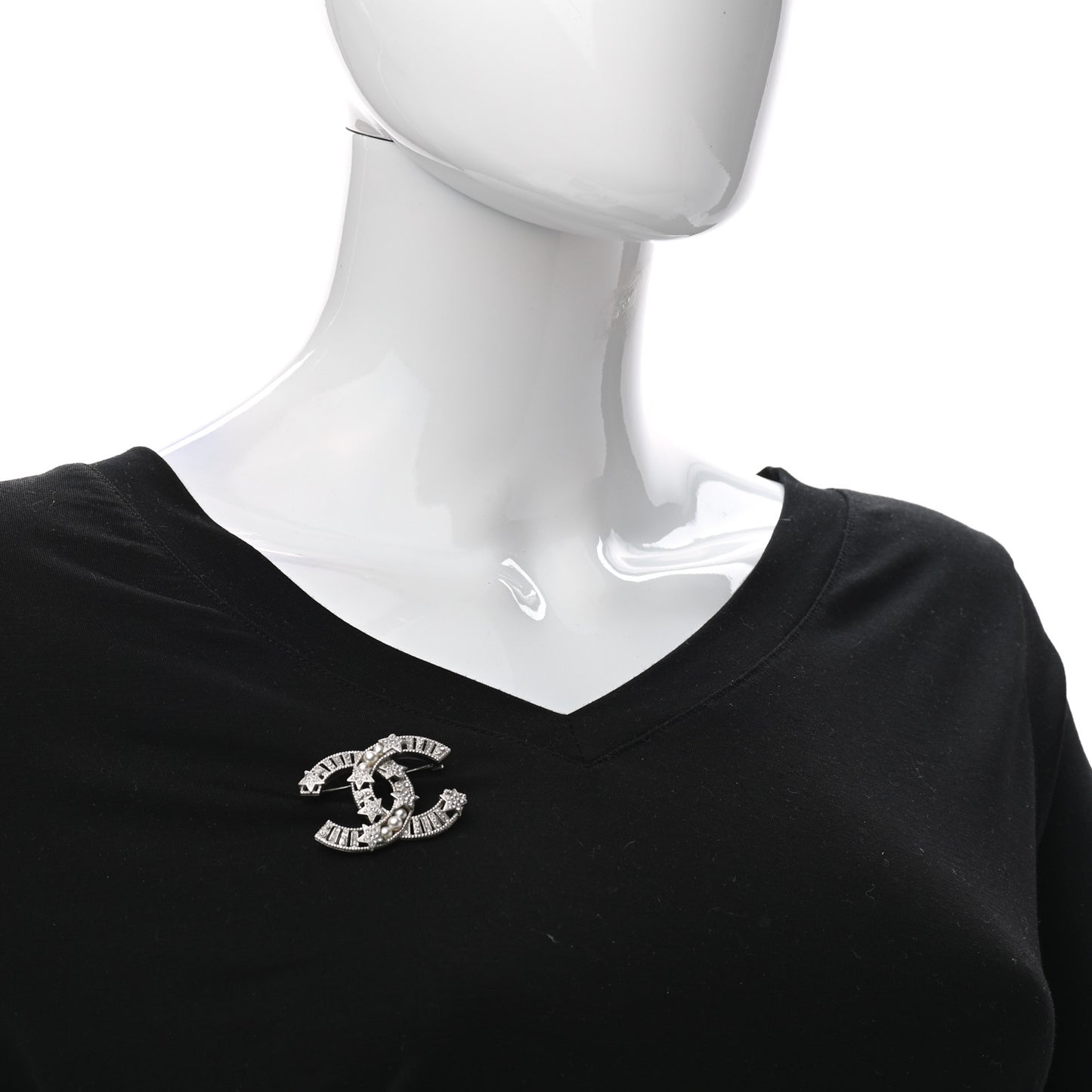 Crystal Pearl CC Star Coco Flapper Brooch Silver