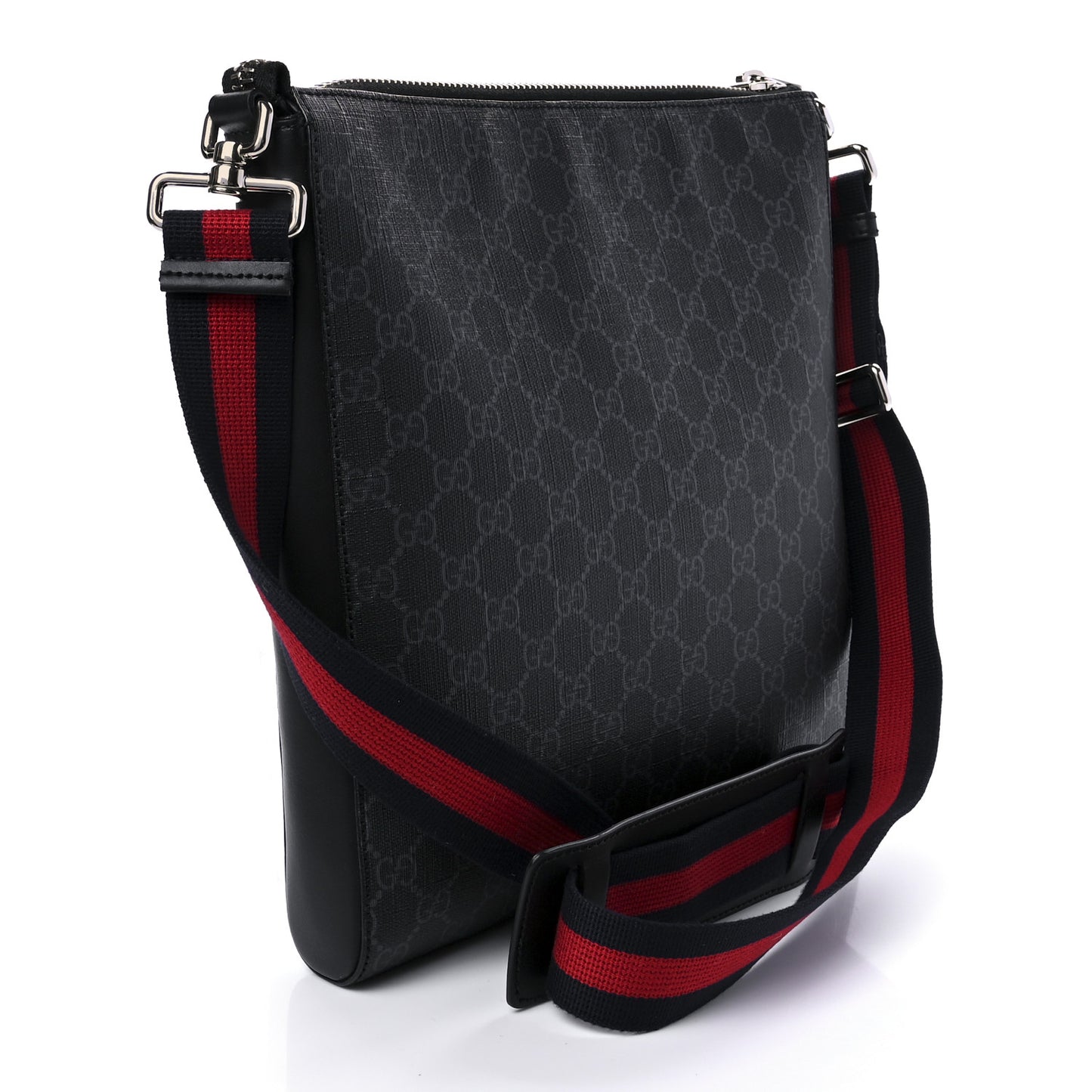 GG Supreme Monogram Appia Calfskin Web Flat Messenger Bag Black Grey