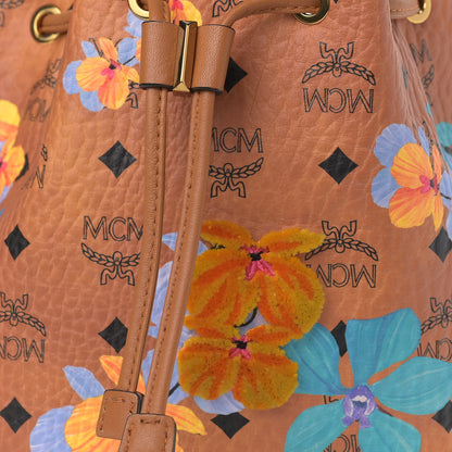 MCM Visetos Floral Print Small Drawstring Bucket Bag Cognac 8 of 12
