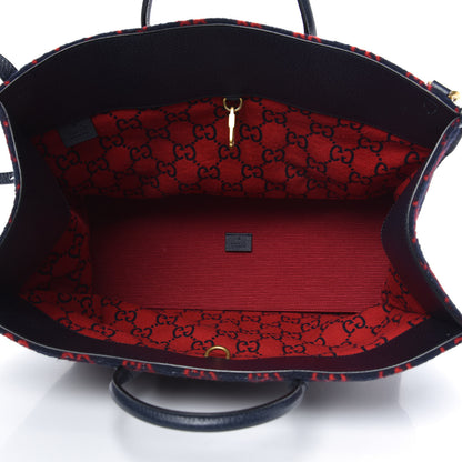 Gucci Covered Wool Textured Dollar Calfskin GG Monogram Large Tote Bag Blue Red 5 of 9