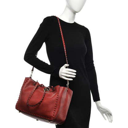 Valentino Garavani Grained Calfskin Monochrome Medium Rockstud Tote Red 2 of 9