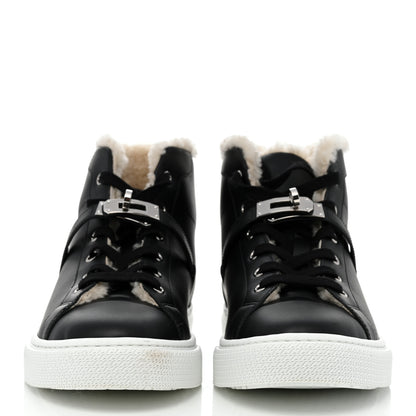 Hermes Calfskin Shearling High-Top Day Sneakers 40 Black Ecru 2 of 8