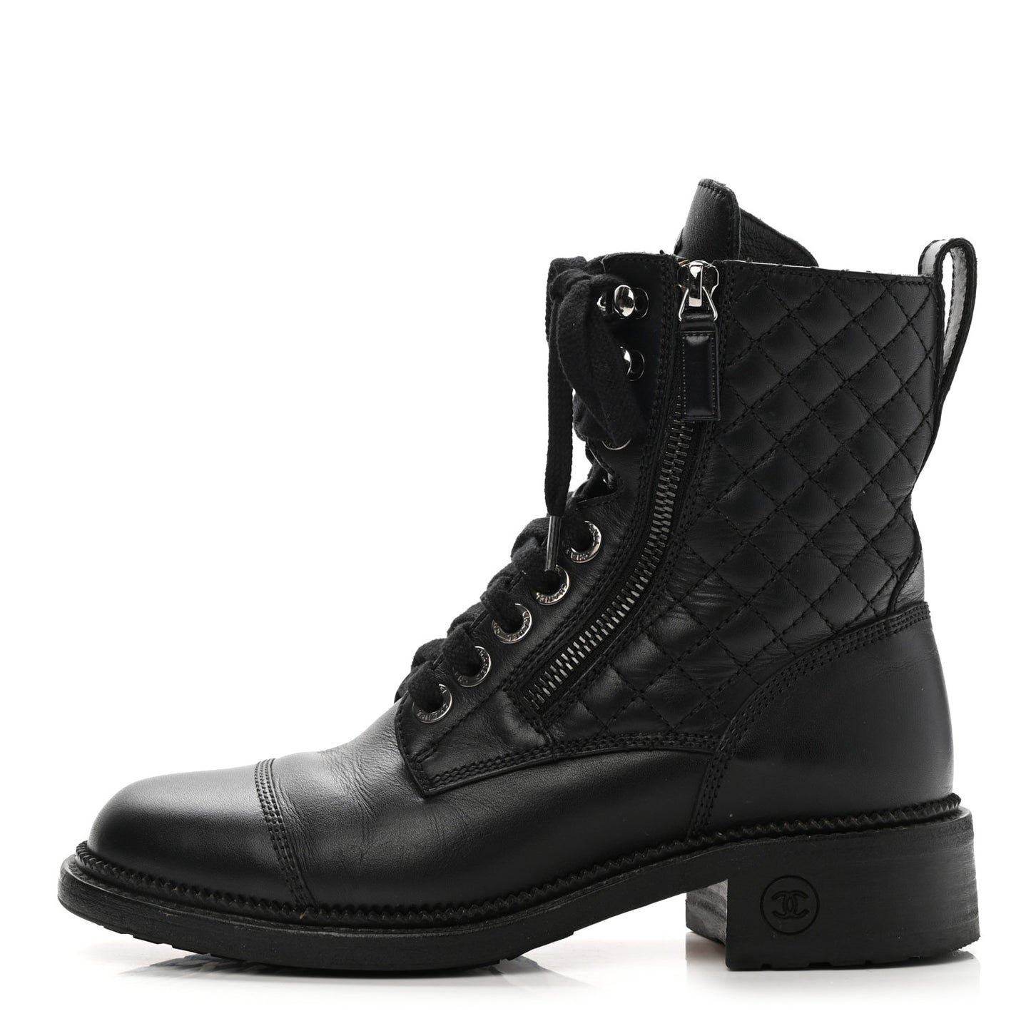 Calfskin Quilted Lace Up Combat Boots 36.5 Black