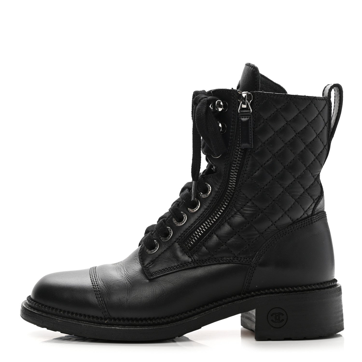 Chanel Calfskin Quilted Lace Up Combat Boots 36.5 Black 1 of 11