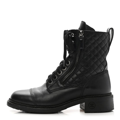 Chanel Calfskin Quilted Lace Up Combat Boots 36.5 Black 1 of 11