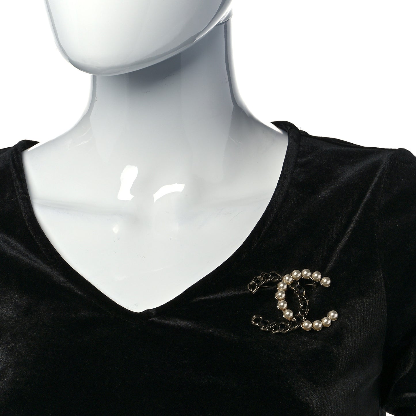 Lambskin Pearl CC Chain Brooch Black Gold