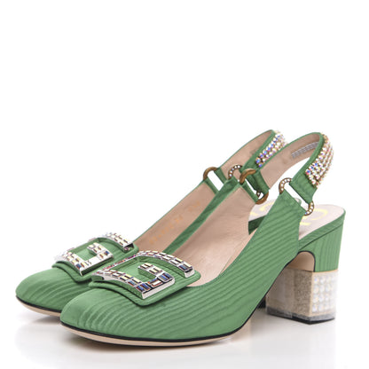 Gucci Moire Fabric Crystal Square G Madelyn Slingbacks 36 New Shamarock 3 of 10