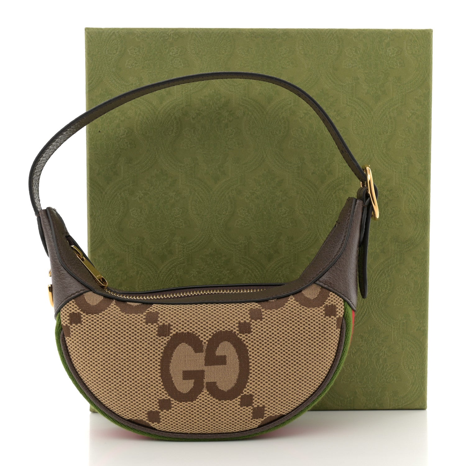 Gucci Monogram Jumbo GG Textured Dollar Calfskin Web Mini Ophidia Half Moon Hobo Camel Ebony New Acero 12 of 12