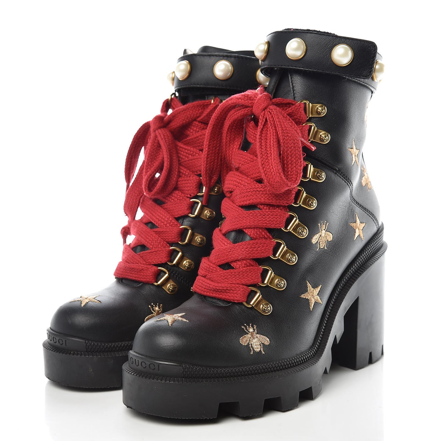 Calfskin Embroidered Lace Up Combat Ankle Boots 36.5 Black