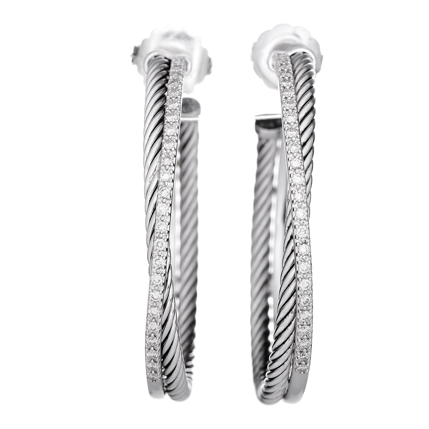 David Yurman Sterling Silver Diamond Extra Large Crossover Hoop Earrings 1 of 4
