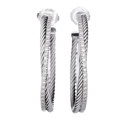 David Yurman Sterling Silver Diamond Extra Large Crossover Hoop Earrings 1 of 4