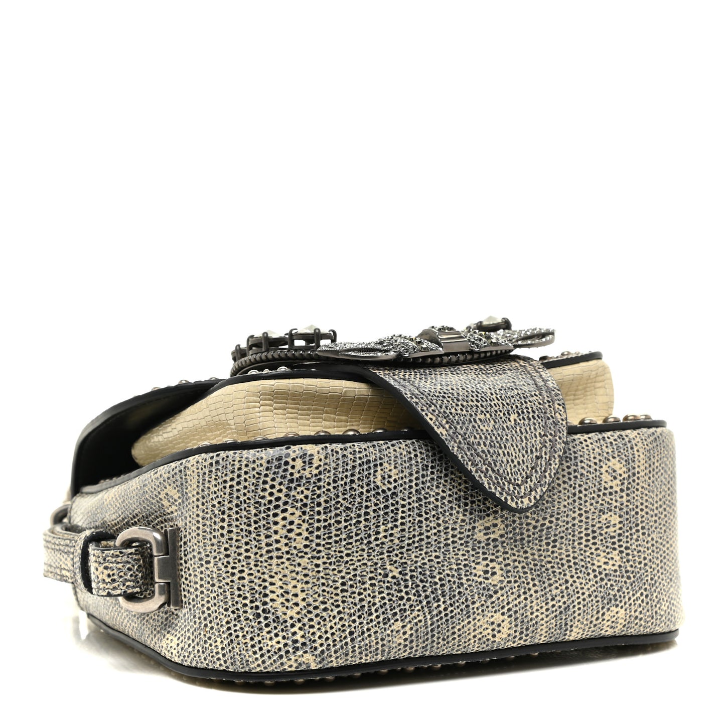 Lizard Embossed Calfskin Studded Jewel Buckle Dahlia Shoulder Bag Roccia