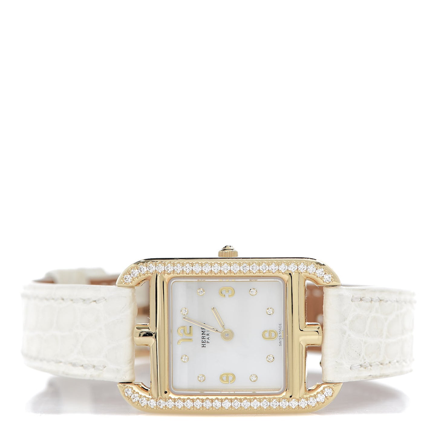18K Yellow Gold Alligator Diamond Bezel Mother of Pearl 23mm Cape Cod Quartz Watch Blanc