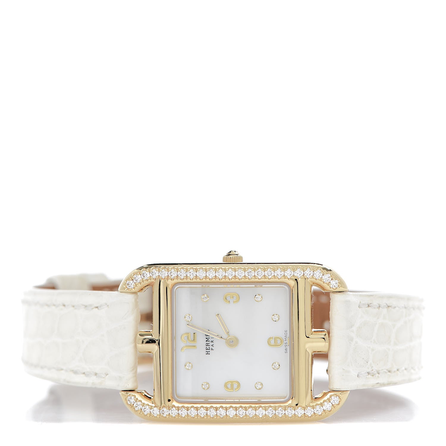 Hermes 18K Yellow Gold Alligator Diamond Bezel Mother of Pearl 23mm Cape Cod Quartz Watch Blanc 3 of 8