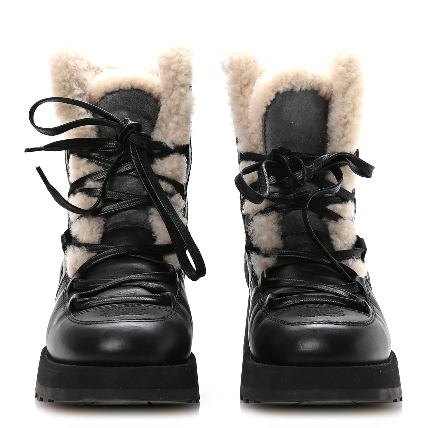 Calfskin Suede Shearling Lace Up Boots 37 Black Grey Light Beige