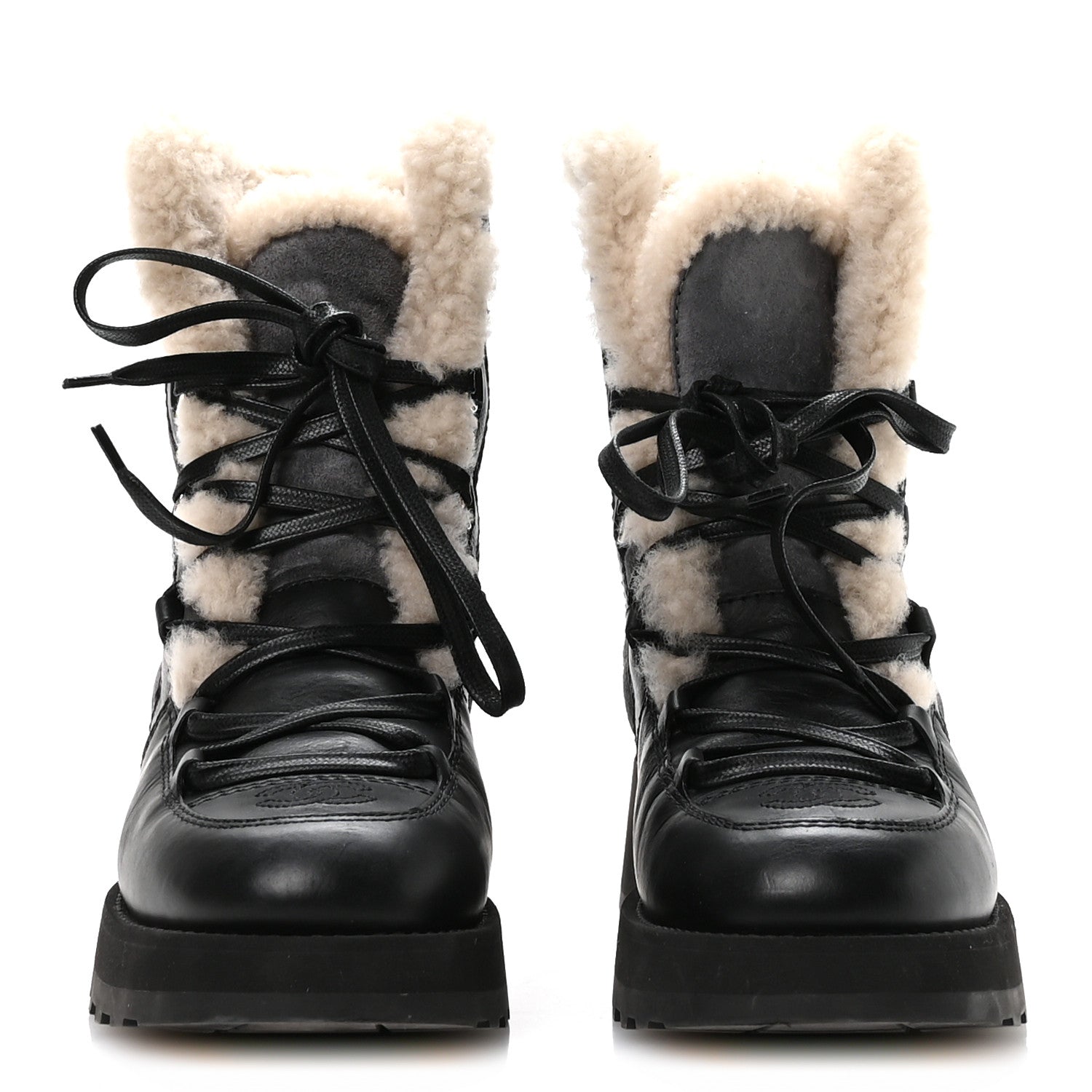 Chanel Calfskin Suede Shearling Lace Up Boots 37 Black Grey Light Beige 3 of 8