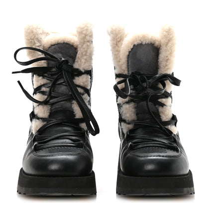 Chanel Calfskin Suede Shearling Lace Up Boots 37 Black Grey Light Beige 3 of 8