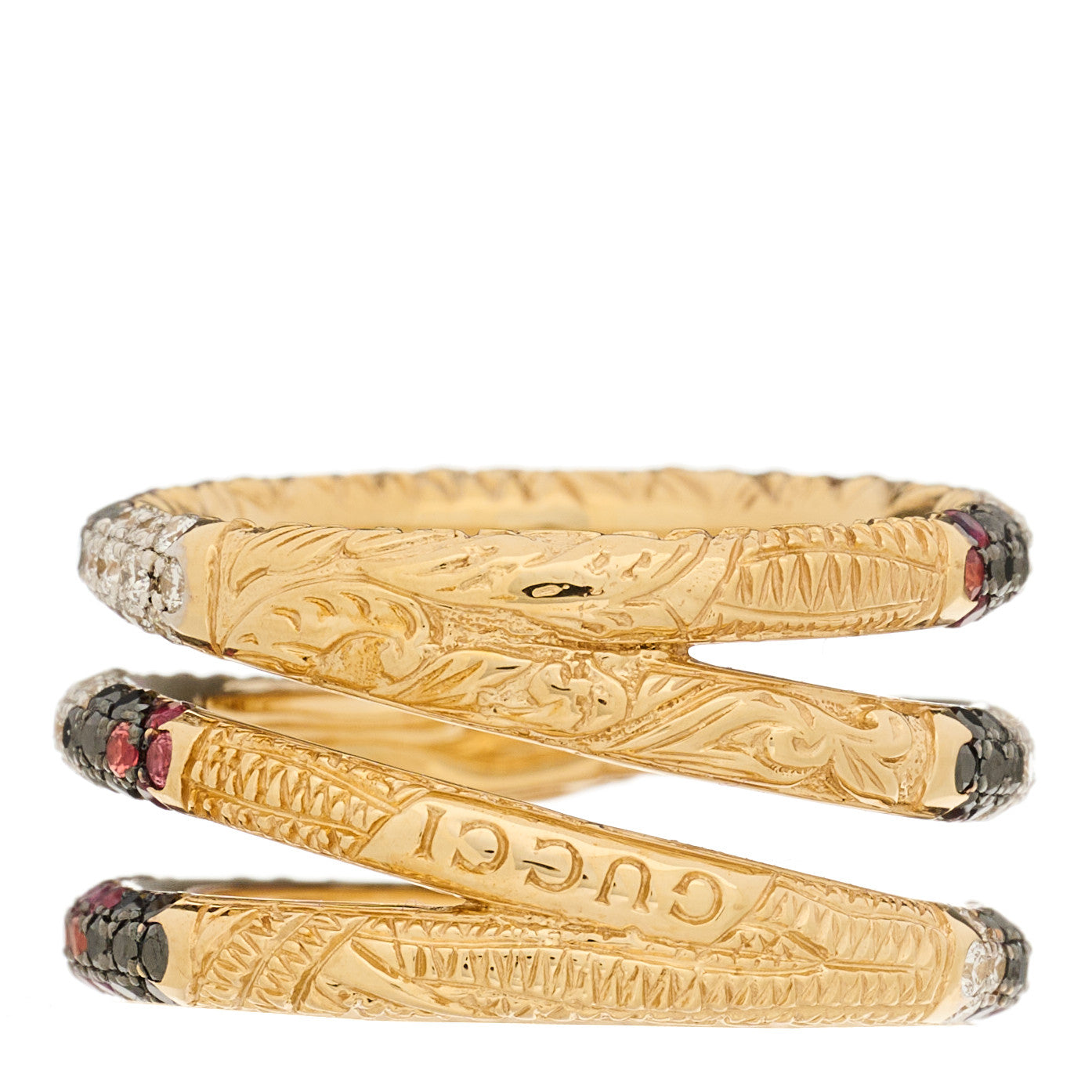 Gucci 18K Yellow Gold Black Diamond Topaz Sapphire Diamond Ouroboros Snake Three-Row Ring 53 6.25 4 of 7