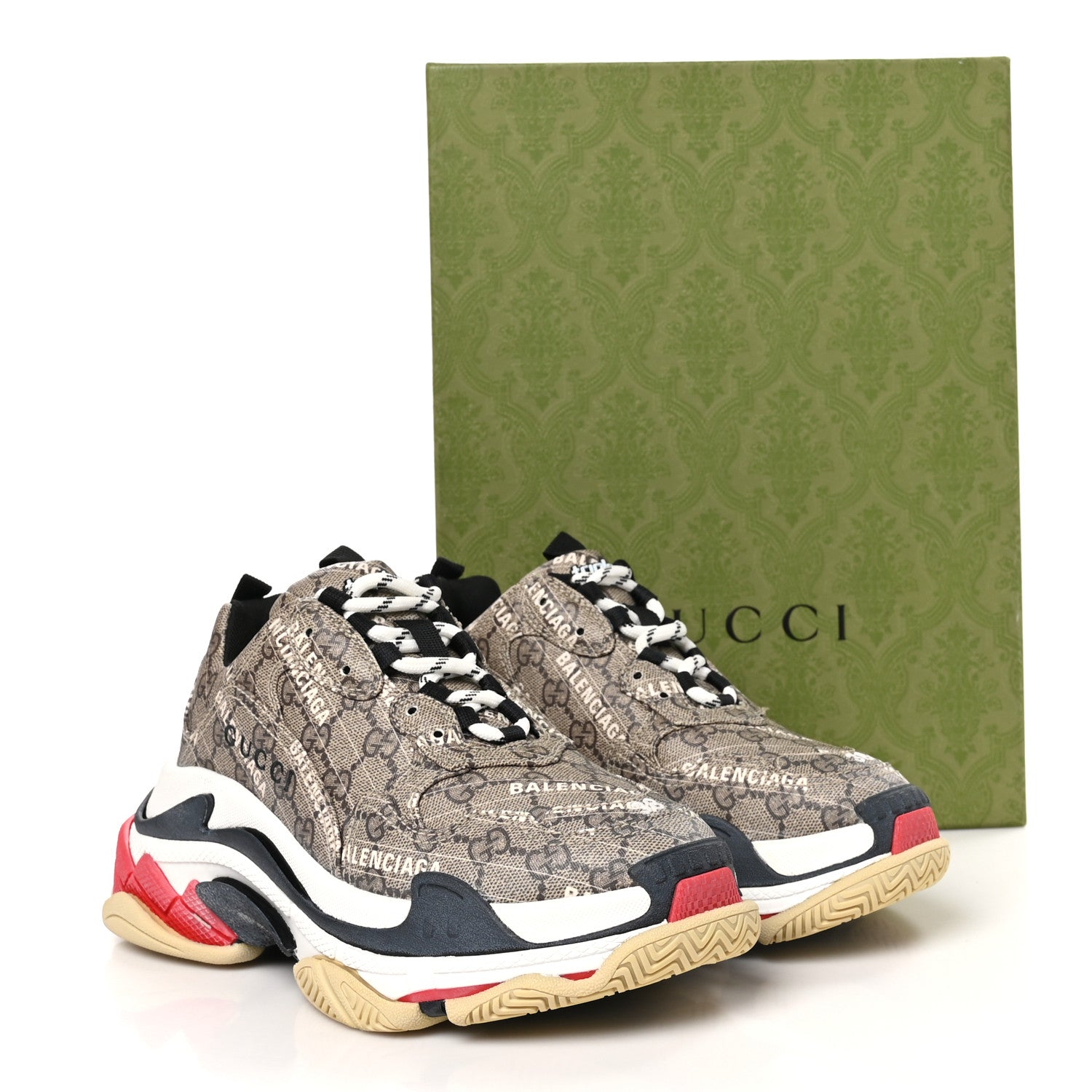 Balenciaga X GUCCI GG Supreme Monogram Allover Logo Womens Triple S Sneakers 38 Beige Ebony Mystic White 8 of 8