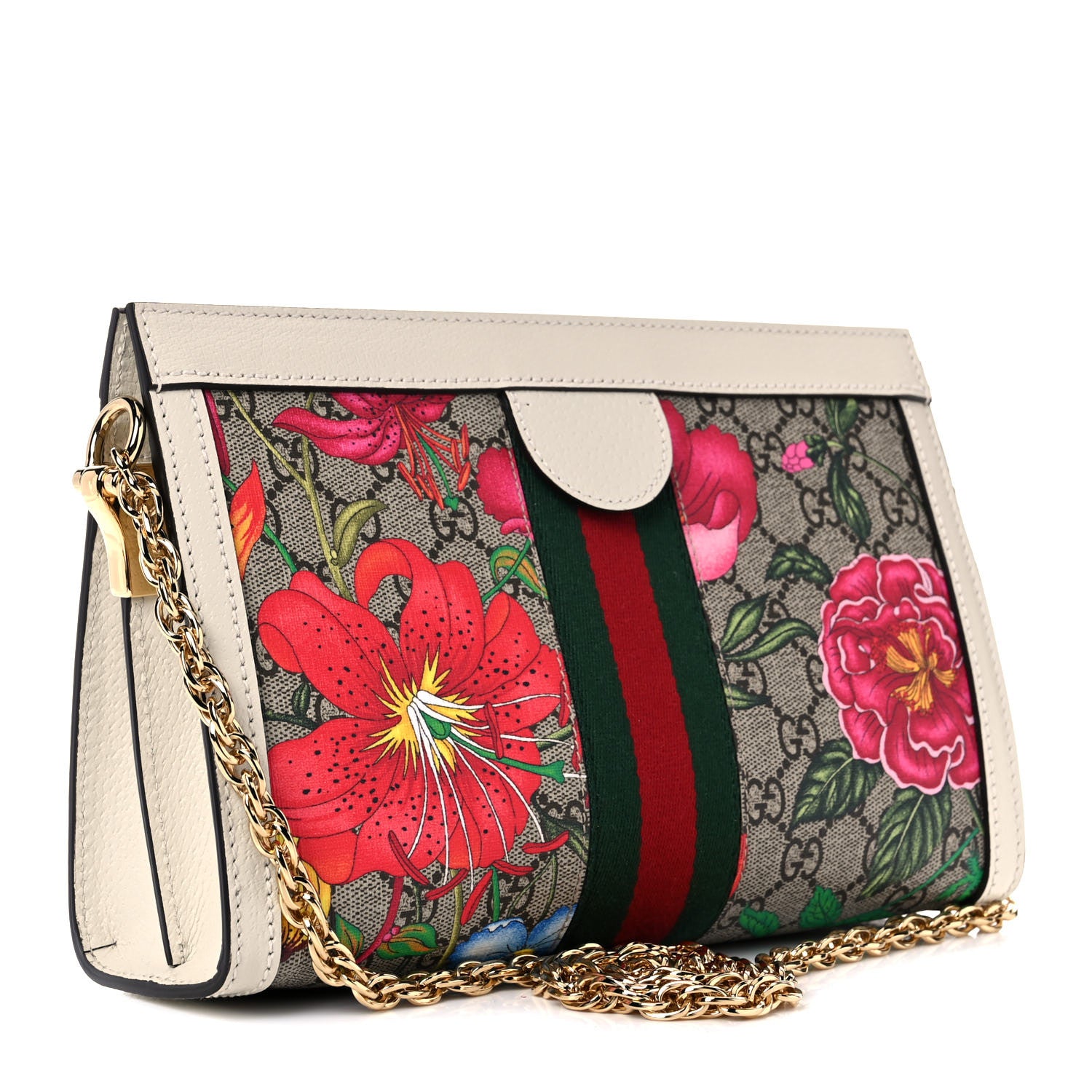 Gucci GG Supreme Monogram Flora Web Small Ophidia Chain Shoulder Bag White 3 of 10