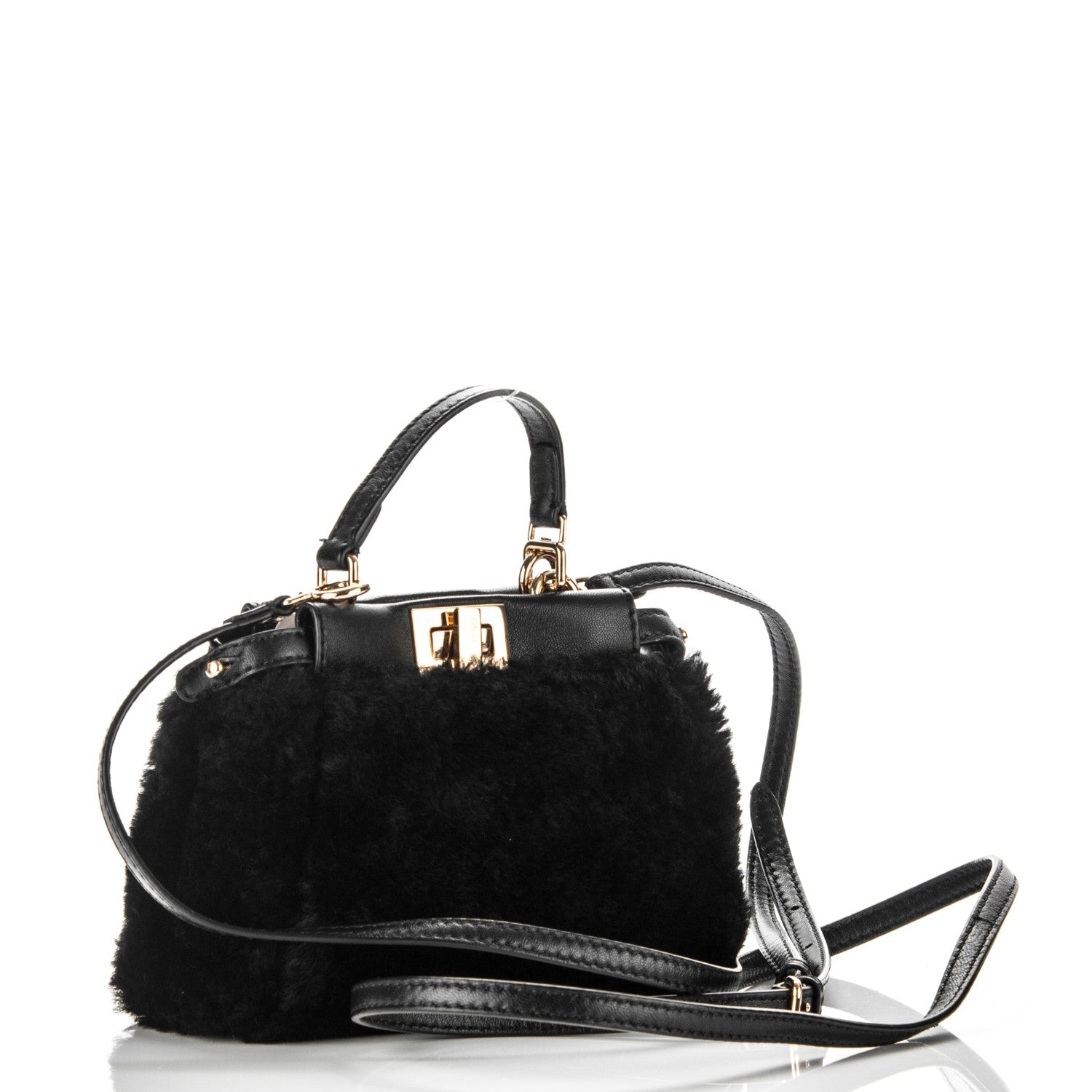 Fendi Shearling Shiny Nappa Micro Peekaboo Iconic Satchel Black 3 of 7