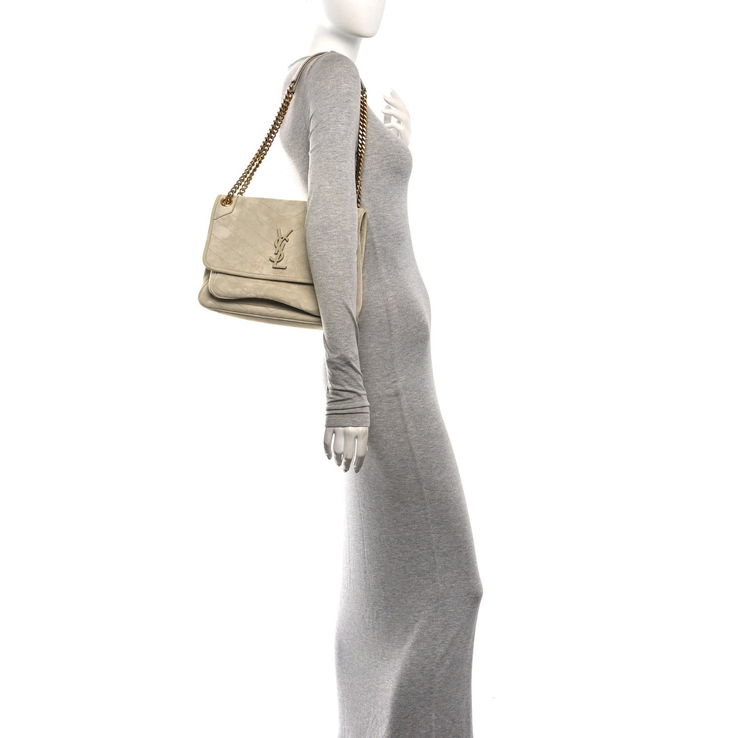 Suede Monogram Medium Niki Chain Satchel Light Beige
