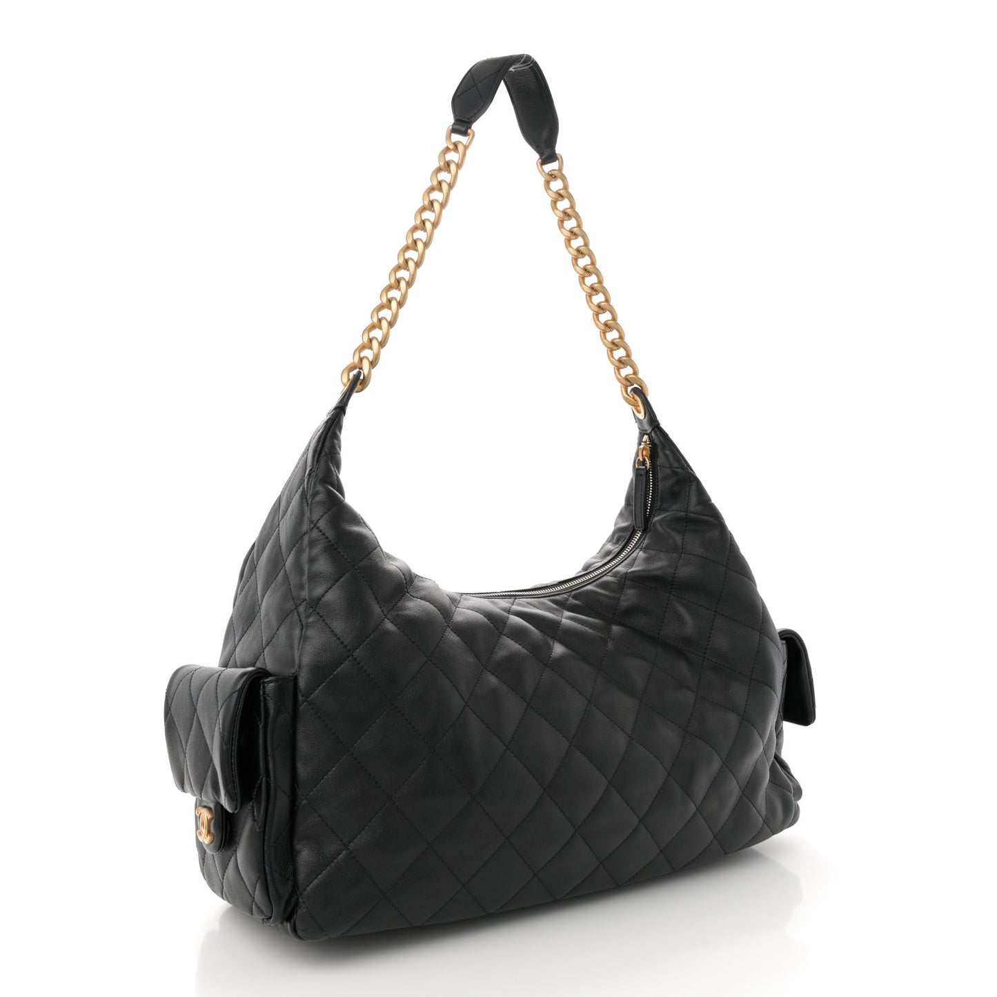 Shiny Lambskin Quilted Maxi Trendy Pockets Hobo Black