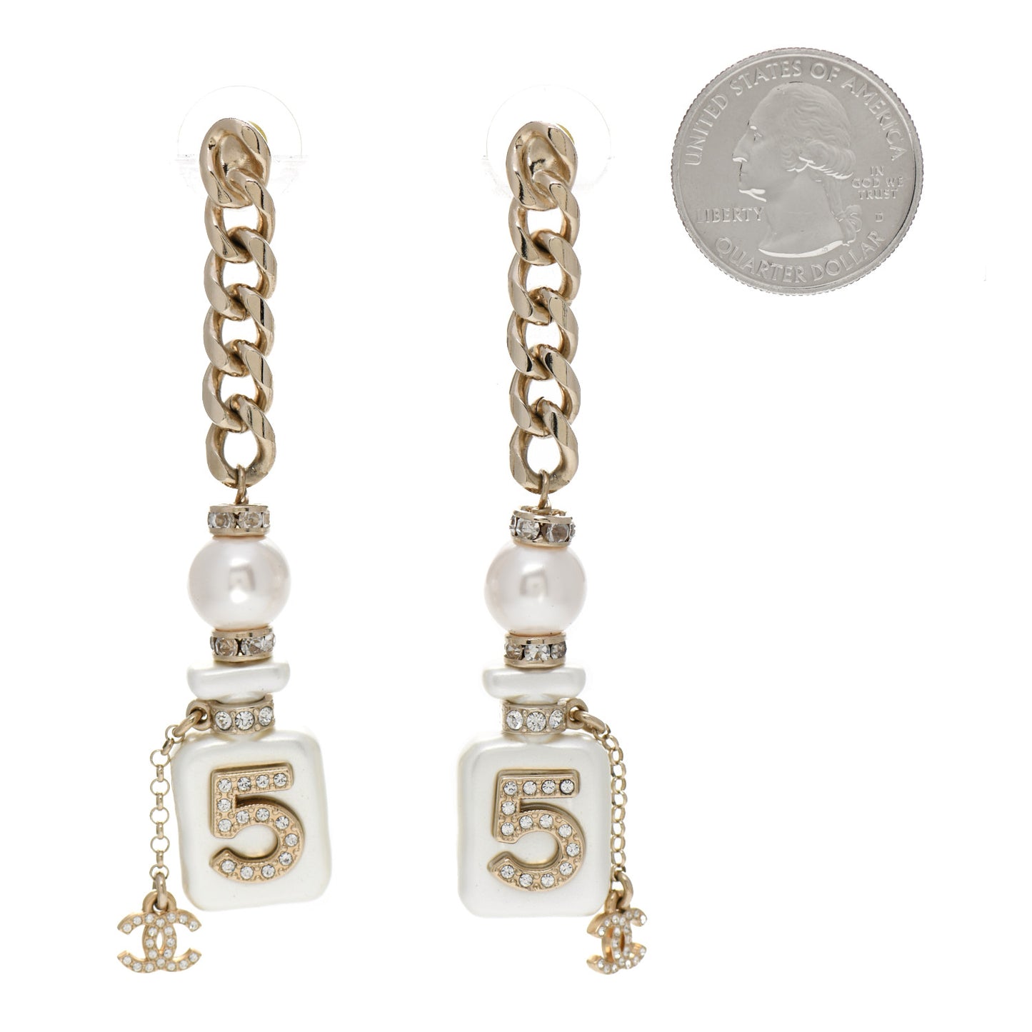 Pearl Resin Crystal CC No 5 Perfume Bottle Chain Drop Earrings Gold Pearly White