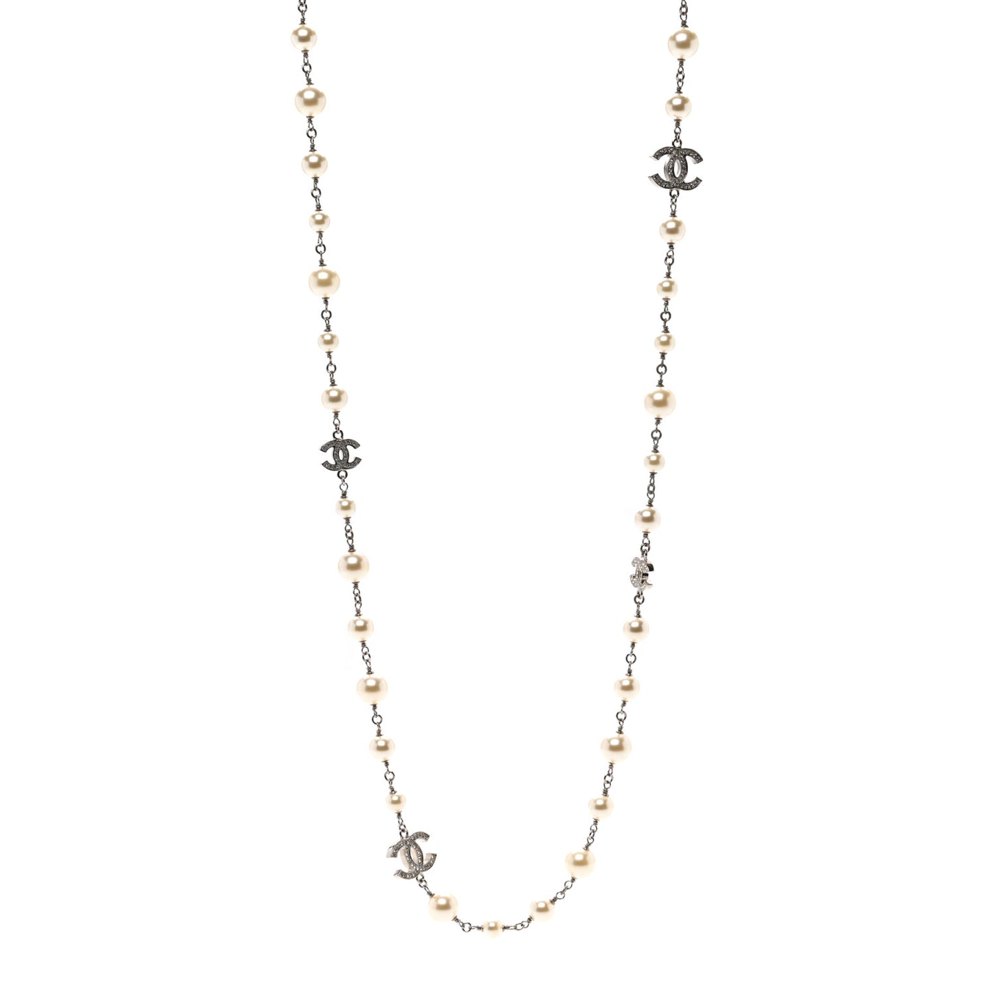 Graduated Pearl Crystal CC Long Necklace Silver