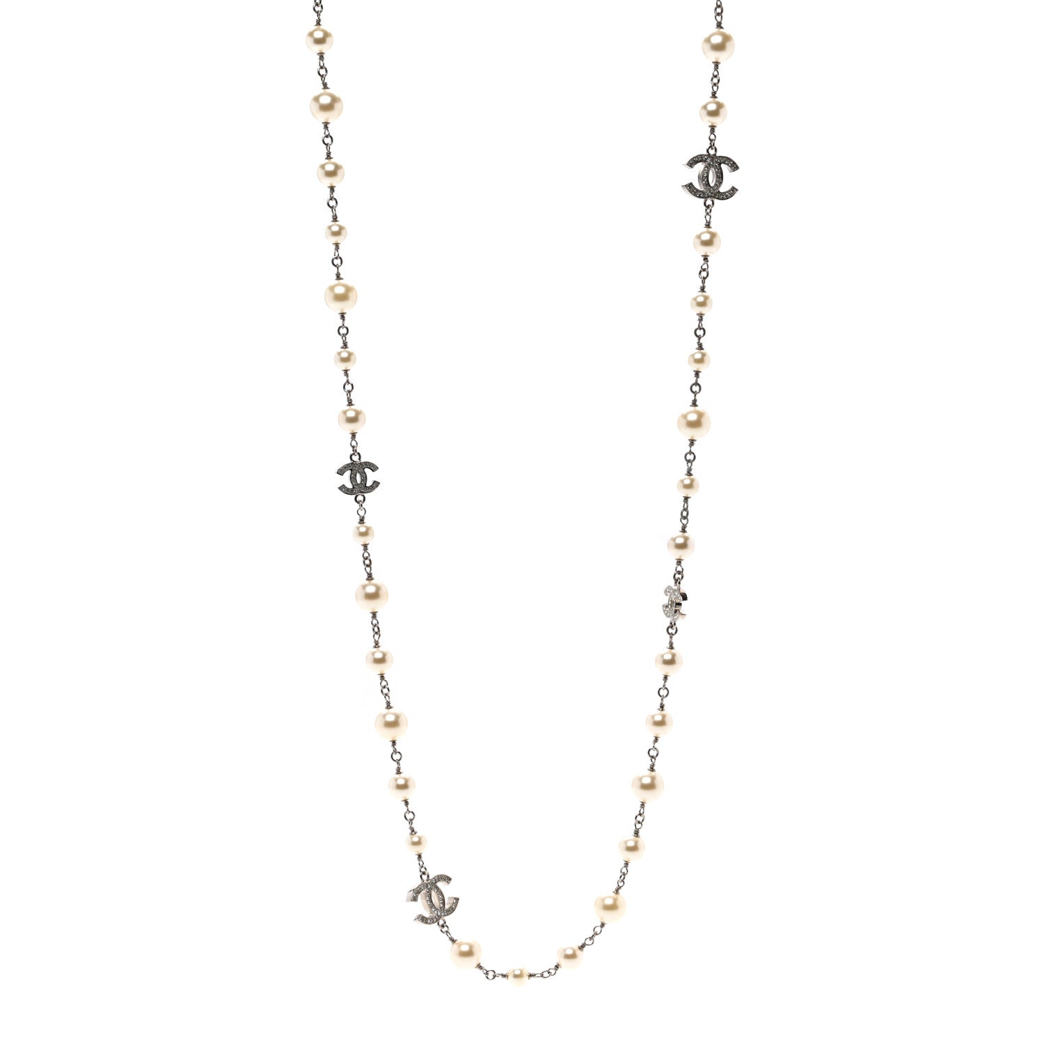 Chanel Graduated Pearl Crystal CC Long Necklace Silver 1 of 4