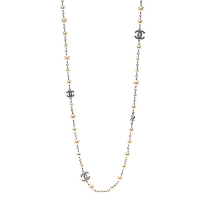 Chanel Graduated Pearl Crystal CC Long Necklace Silver 1 of 4