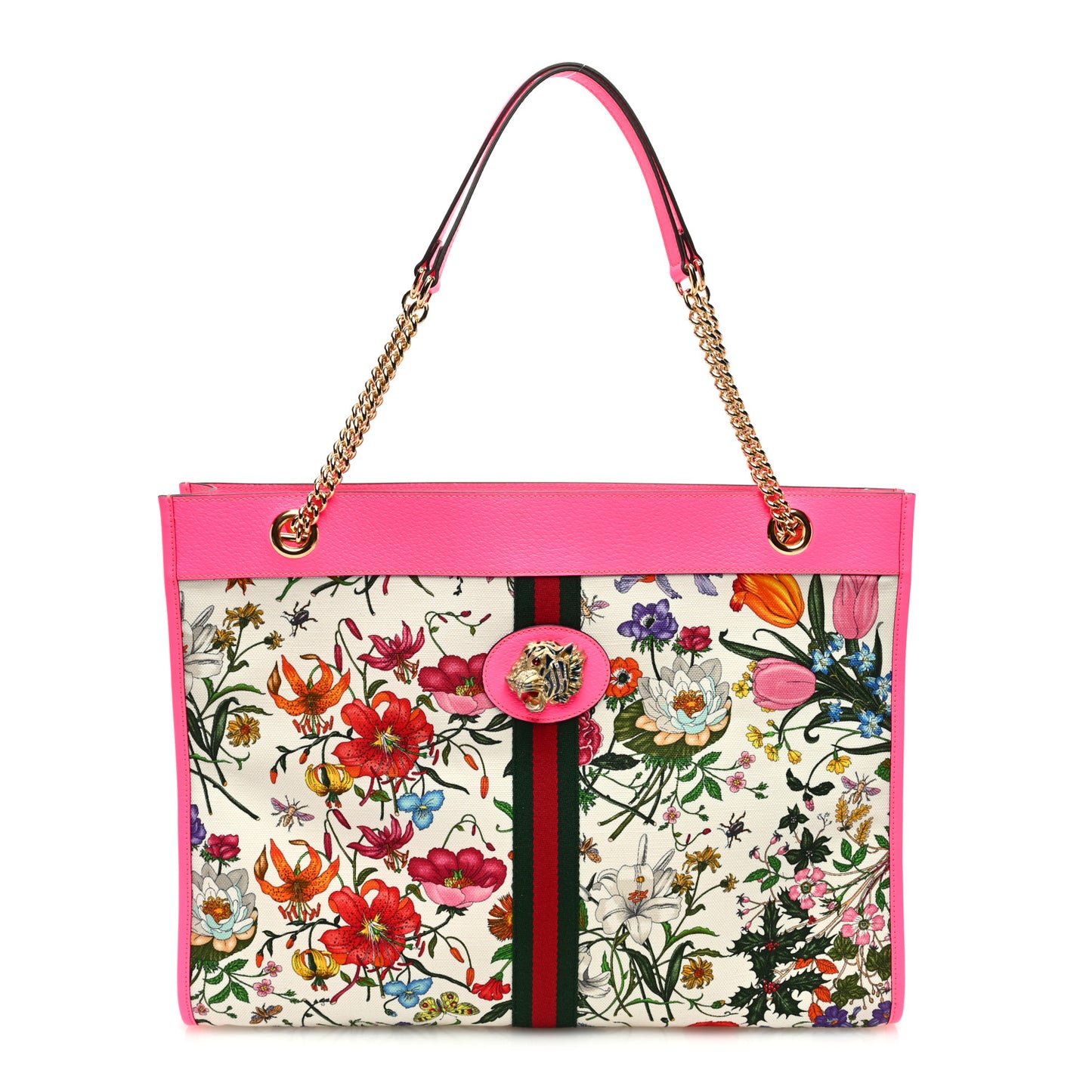 Canvas Flora Large Rajah Chain Tote White Multicolor Fuxia Fluo