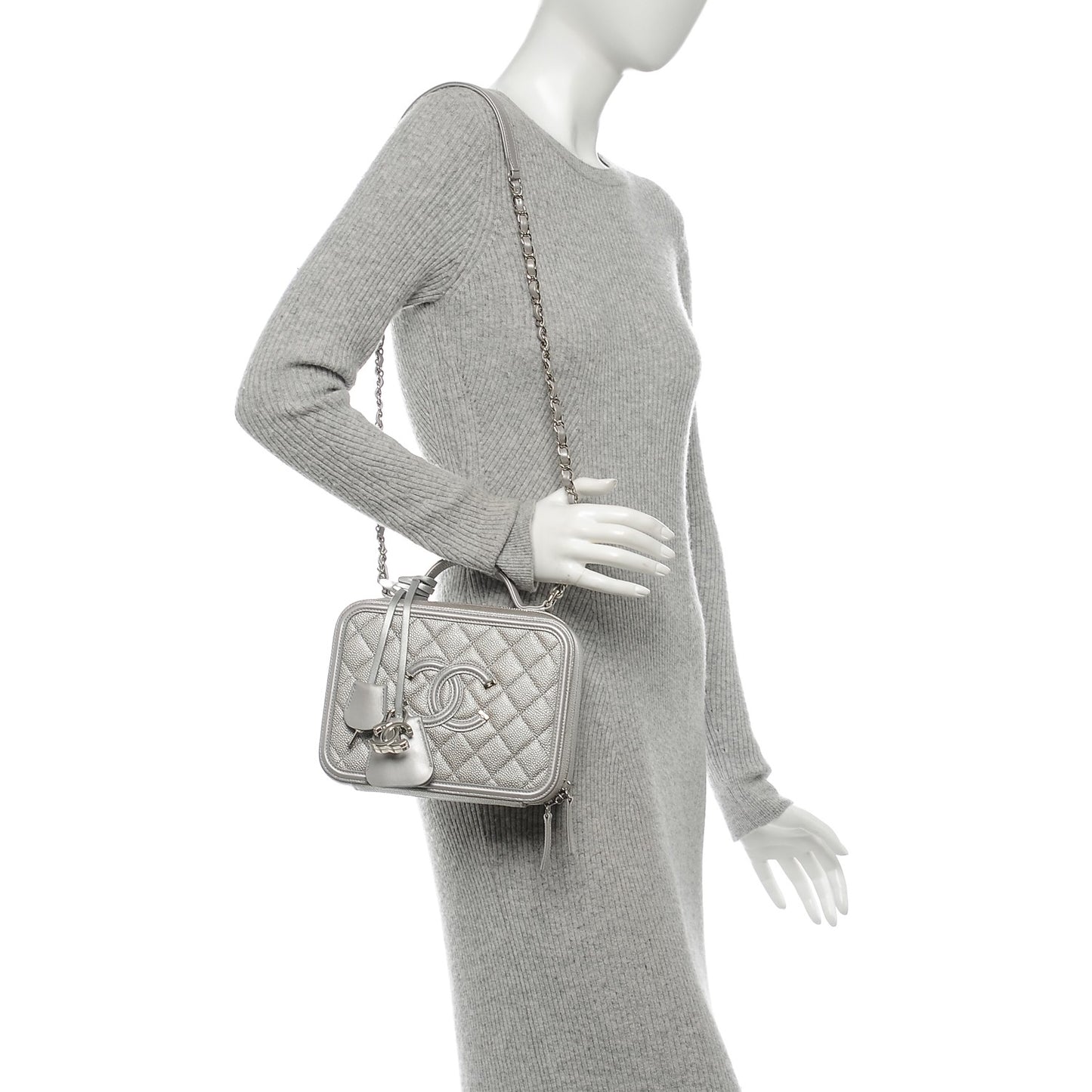 Metallic Caviar Quilted Medium CC Filigree Vanity Case Silver