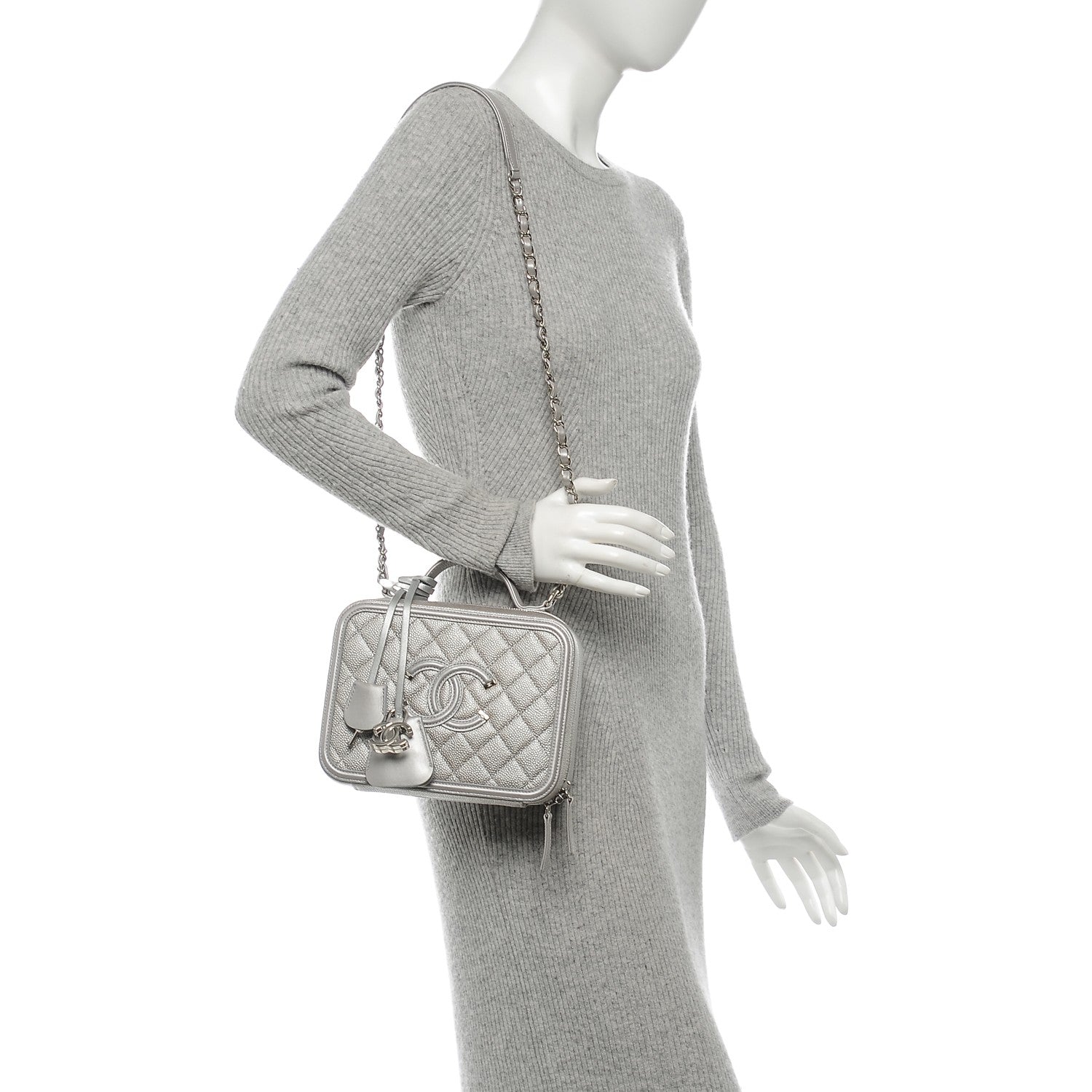 Chanel Metallic Caviar Quilted Medium CC Filigree Vanity Case Silver 2 of 8