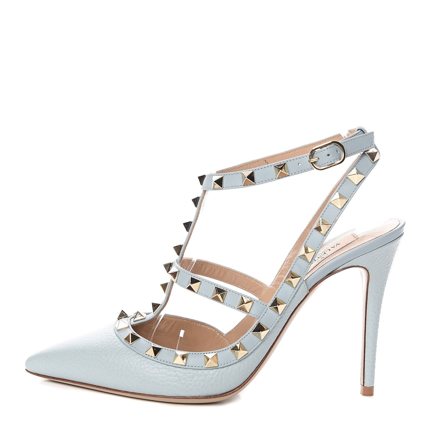 Pebbled Calfskin Rockstud Ankle Strap 100mm Pumps 38.5 Sky Sorbet